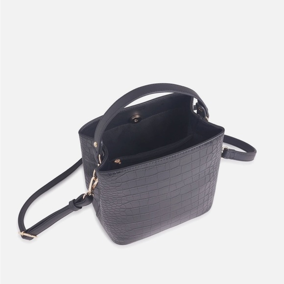 AOTA Elena Bucket Bag Black Vegan Leather Croc Embossed Top Handle purse - Picture 9 of 12